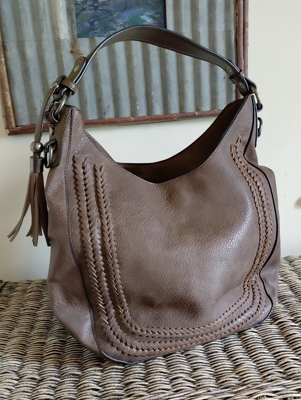 Woven-Trim Taupe Hobo Shoulder Bag